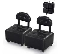 COSTWAY Lot de 2 Tabourets Empilable roulettes avec Dossier, Tabourets Bas Rembourrés en Similicuir, Roues Verrouillables, Charge 150 kg, pour Salon, Entrée, Bureau, 40 x 40 x 55 cm (Noir)