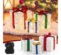 COSTWAY Lot de 3 Boîtes à Cadeaux Lumineuses de Noël 48 LED, Décoration de Noël avec 6 Piquets et 10 Serre-câbles 3 Tailles de Boîtes Cadeaux avec Nœuds pour Balcon, Jardin, Cour