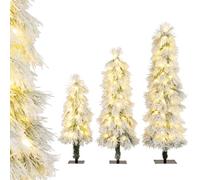 COSTWAY Lot de 3 Sapins de Noël Artificiels de 90 cm/120 cm/150 cm, Sapin de Noël Enneigé avec 129/231/369 Branches en PVC et 50/100/150 Lumières LED Blanc Chaud (Vert Floqué Épars, 90+120+150 cm)