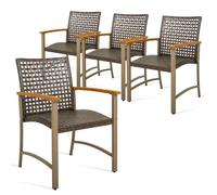 COSTWAY Lot de 4 Chaises de Jardin en Rotin, avec Accoudoirs en Bois d'Acacia, pour Balcon, Véranda, Bord de la Piscine