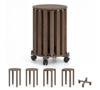 COSTWAY Lot de 4 Tabourets Empilables en Bois d'Hévéa avec roulettes, Préassemblé à 95%, Tabourets de Bar Ronds, 2 Tailles de Sièges, Patins Antidérapants, pour Salon, Bureau, Salle à Manger (Noyer)