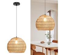 COSTWAY Lustre Salon Papier Tressé, Suspension Luminaire Rond, Hauteur Suspendue Réglable 0,5-1,5 m, Ampoule E27, Luminaires Intérieur pour Cuisine Chambre Salon (Marron)