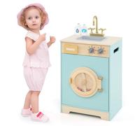 COSTWAY Machine à Laver en Bois Enfant avec Évier et Robinets et Boutons Rotatifs, Jouet de Blanchisserie Enfant avec Porte Transparent & Son de Linge, 2 Détergent, Jouet Éducatif pour 3 Ans+