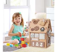 COSTWAY Maison de jeu en bois pour enfants, Maison de jeu sensorielle avec jeux sensoriels & espace de rangement intérieur, Jouet Montessori Cube d'activité cadeau pour garçons et filles à partir de 3