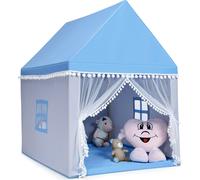 COSTWAY Maison de jeu pour enfants Tente de jeu pour enfants avec structure en bois massif & couverture en coton, maison de jeu pour 3-4 enfants 120x105x140cm bleu