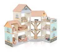 COSTWAY Maison de Poupée de Luxe - 42 Accessoires de Meuble - 3 Etages 6 Chambres Balcons Garage Voitures Cadeau pour 3 Ans +