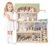 COSTWAY Maison de Poupée en Bois - 33 Accessoires de Meubles - 3 Étages et 1 Terrasse Peinture Ecologique pour Enfants 3-7 Ans