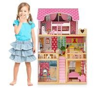 COSTWAY Maison de Poupée en Bois à 3 Etages avec 6 Pièces et 15 Meubles, Maison de Rêve Rose avec Autocollants & Motifs Mignons, Jeu d’Imitation pour Enfants de 3 Ans+, 59 x 30 x 91 cm