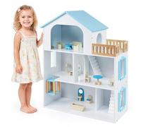COSTWAY Maison de Poupée en Bois à 3 Étages avec Ascenseur, Bleu | 13 Meubles, Escaliers Mobile, Dispositif Anti-basculement, Maison de Rêve Éducatif et Créatif à Partir 3 Ans
