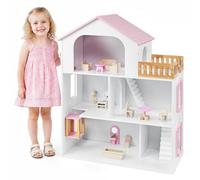 COSTWAY Maison de Poupée en Bois à 3 Étages avec Ascenseur, Rose | 13 Meubles, Escaliers Mobile, Dispositif Anti-basculement, Maison de Rêve Éducatif et Créatif à Partir 3 Ans