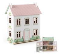 COSTWAY Maison de Poupée en Bois à 3 Étages avec Toit Amovible & Double Face, Maison de Rêve avec 19 Accessoires, 5 Pièces & Autocollants pour Enfants de 3 Ans+