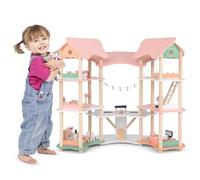 COSTWAY Maison de Poupée en Bois avec 7 Pièces & 32 Meubles, Maison de Rêve à 3 Étages avec Piano & Toit Rose, Design d’Angle, Jeu d’Imitation Princesse pour Enfants de 3-8 Ans
