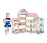 COSTWAY Maison de Poupée en Bois avec 8 Pièces & 42 Meubles, Maison de Rêve avec Toit Rose & Télescope & Horloge Simulée, Conception d'angle, Jeu d’Imitation pour Enfants de 3 Ans+