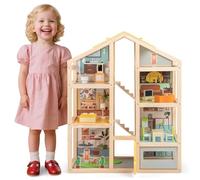 COSTWAY Maison de Poupée Fille en Bois à 4 Étages avec 7 Pièces & 21 Mobiliers & 3 Figurines, Maison de Rêve avec Escaliers Mobiles & Porte Ouvrables, Jeu d’Imitation pour 3 Ans+, 60x30x75 cm