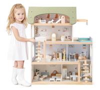 COSTWAY Maison de Poupée Fille en Bois à 4 Étages avec 7 Pièces et 33 Mobiliers, Maison de Rêve avec Escaliers Amovible & Motifs Mignons, Jeu d’Imitation pour 3 Ans+, 63x25x78 cm