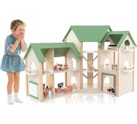 COSTWAY Maison de poupées avec toit vert et 36 accessoires Maison de rêve à décorer soi-même pour enfants à partir de 3 ans