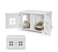 COSTWAY Maison Litiere pour Chat avec Double Portes, Meuble Litiere Chat, Fenêtres Entrée Latérale en Option Ventilée avec Couchage en Bois, Charge 20kg (Blanc)