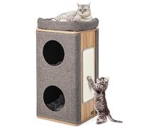 COSTWAY Maison pour Chat en Bois à 3 Étages, Niche pour Chats avec Griffoir, 2 Condos et Perchoir Supérieur, Meuble en Forme de Tonneau pour Chats d'Intérieur, 3 Coussins Inclus, (38 x 38 x 77,5 CM)
