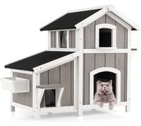 COSTWAY Maison pour chats, niche pour chats à 2 étages, villa pour chats avec toit en asphalte, portes de secours, rideaux, entrée & bac à fleurs, jusqu'à 30kg 100x64x82,5cm Gris