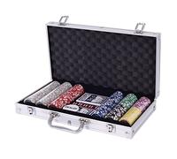 COSTWAY Malette Poker, Jetons Poker avec Ensemble de 300 Jetons et 2 Jeux de Cartes, 5 Dés, 1 Bouton, Dealer, Mallette en Aluminium (Argent)