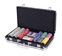 COSTWAY Malette Poker, Jetons Poker avec Ensemble de 300 Jetons et 2 Jeux de Cartes, 5 Dés, 1 Bouton, Dealer, Mallette en Aluminium (Noir)