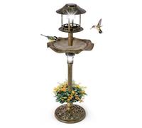 CostwayBain d'Oiseaux Énergie Solaire Décoration d'Extérieur sur Pied Rétro Éclairé avec 2 Lampes Jardinière de Fleurs Mangeoire Abreuvoir Bronze