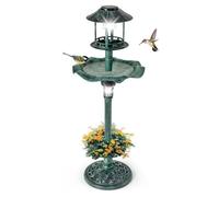 CostwayBain d'Oiseaux Énergie Solaire Décoration d'Extérieur sur Pied Rétro Éclairé avec 2 Lampes Jardinière de Fleurs Mangeoire Abreuvoir