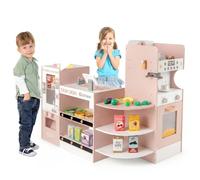 COSTWAY Marchande Enfant avec Distributeur Automatique & Comptoir de Caisse | Cafetière, Four, Étagères de Présentation, 30 Accessoires, Supermarché en Bois pour Garçons Filles de 3 Ans+