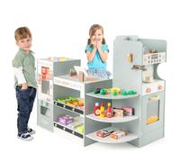 COSTWAY Marchande Enfant avec Distributeur Automatique & Comptoir de Caisse | Supermarché Enfant en Bois avec Cafetière & Four, Étagères de Présentation, Épicerie pour Enfants de 3 Ans+