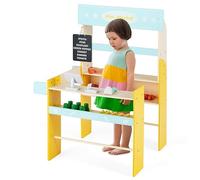 COSTWAY Marchande Enfant en Bois avec Tableau Noir, Stand de Marché avec 36 Légumes et Fruits, Machine POS et Scanner, Jouet pour Enfants de 3 Ans+, 70x30x101cm…