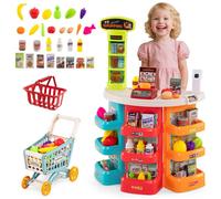 COSTWAY Marchande Enfants 3 Ans+ - 29 Accessoires, Caddie et Panier Inclus - Caisse Enregistreuse avec Scanner et Son,Lumière Bleu