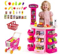 COSTWAY Marchande Enfants 3 Ans+ - 29 Accessoires, Caddie et Panier Inclus - Caisse Enregistreuse avec Scanner et Son,Lumière Rose