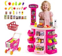 COSTWAY Marchande Enfants 3 Ans+ - 29 Accessoires, Caddie et Panier Inclus - Caisse Enregistreuse avec Scanner et Son,Lumière Rose