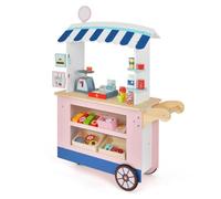 COSTWAY Marchande Enfants à Roulettes - 30 Accessoires, Epicerie Enfant en Bois Jouet d'Imitation pour 3 Ans+