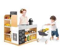 COSTWAY Marchande Enfants avec Chariot & Caisse Enregistreuse Réaliste, Supermarché Enfant en Bois avec 2 Tableaux Noirs & Étagères de Présentation, Épicerie pour Enfants de 3 Ans+