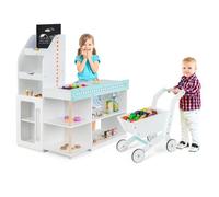 COSTWAY Marchande / Épicerie pour Enfants 3 Ans+, 39 Accessoires avec Lumières LED, Chariot de Courses et Tableau Noir