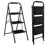COSTWAY Marchepied à 3 Marches Pliable Cadre en Fer, Pédale Antidérapante Charge Max 150 kg, Escabeau Pliable Poignée Facile à Porter, Noir, 64 x 39 x 90 cm