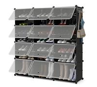 COSTWAY Meuble a Chaussure pour 48 Paires, 12 pcs Boite Rangement Chaussures, Crochet de Suspension Latéral, Rangement Chaussure Transparent Empliable, Etagere Chaussure, 124 × 32 × 125 cm (Noir)