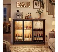 COSTWAY Meuble Bar à Vin avec Multiprise & Lumières LED, Buffet Cuisine Éclairage avec Casier à Vin et Porte-Verres, Style Industriel, pour Cuisine, Salon, Salle à Manger