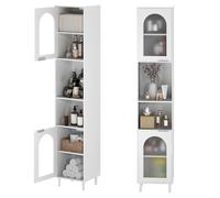 COSTWAY Meuble Colonne de Salle de Bain avec 2 Portes en Verre Trempé, 2 Compartiments Ouverts, Étagères Réglables, 35x30x180cm