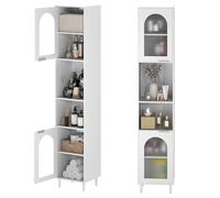 COSTWAY Meuble Colonne Salle de Bain Haute, Meuble de Rangement Étroit avec 2 Portes en Verre Trempé Ondulé, Armoire Fine Étagères Réglables pour Salon, Cuisine, Blanc