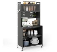 COSTWAY Meuble Cuisine Rangement 5 Niveaux, Etagere Rangement en Fer, Portes Battantes, Panneau Perforé, 10 Crochets, Armoire Cuisine à Roulette, Support Micro-Ondes (80 x 40 x 164 cm,Gris)