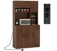 COSTWAY Meuble de Cuisine avec Prise, Grand Buffet Cuisine Rangement, Tiroir, Support a Verres à Pied, Etagères Réglables, Plan de Travail, 2 Kits Anti-basculement, Armoire pour Salle à Manger