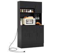 COSTWAY Meuble de Cuisine avec Prise, Grand Buffet Cuisine Rangement, Tiroir, Support a Verres à Pied, Etagères Réglables, Plan de Travail, 2 Kits Anti-basculement, Armoire (90 x 39 x 167 cm,Noir)