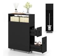 COSTWAY Meuble de Salle de Bain à 2 Tiroirs et 2 Paniers, Colonne Salle de Bain à 4 Roues avec Porte-Brosse, Gain de Place, Meuble WC Toilette, 19 x 50 x 72 cm (Noir)