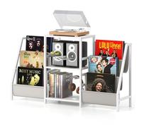 COSTWAY Meuble Disque Vinyle avec Rangement, Support Platine Vinyle avec 3 Étagères, 6 Poches, Cadre en Métal pour Studio, Café, Marron Rustique (Blanc)