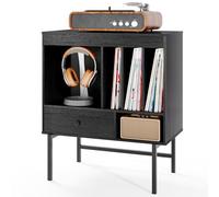 COSTWAY Meuble Disque Vinyle avec Tiroir, Rangement Platine Vinyle 5 Compartiments, Support de Tourne-Disque pour CD/DVD, meuble imprimante pour bureau, Bout de Canape pour Salon, Chambre (Noir)