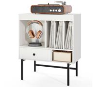 COSTWAY Meuble Disque Vinyle avec Tiroir, Rangement Platine Vinyle 5 Compartiments, Support de Tourne-Disque pour CD/DVD, meuble imprimante pour bureau, Bout de Canape pour Salon, Chambre (Blanc)