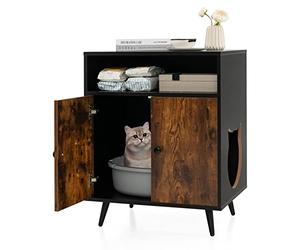 COSTWAY Meuble Litiere Chat à 2 Portes, Meuble Cache Litiere Chat en Bois, Compartiment Ouvert, Entrée Latérale, 4 Pieds en Métal, Maison de Toilette Chaton, 60 x 45 x 75 cm, Industriel