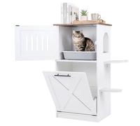 COSTWAY Meuble Litiere Chat avec Armoire de Rangement Rabattable, Maison pour Chat en Bois, 2 Tapis à Griffer en Sisal, 2 Plateformes de Saut, Portes, Entrée Latérale, 84 x 45 x 115 cm